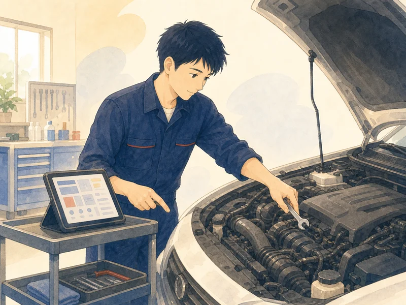 測定器で車の不調を調べる整備士