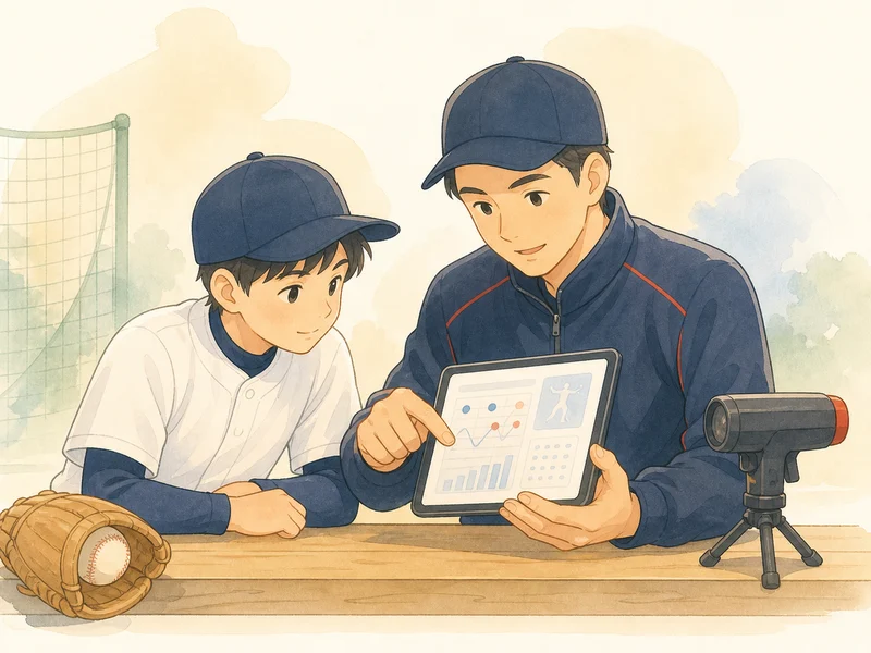 計測データを見て選手の改善点を確認するコーチ