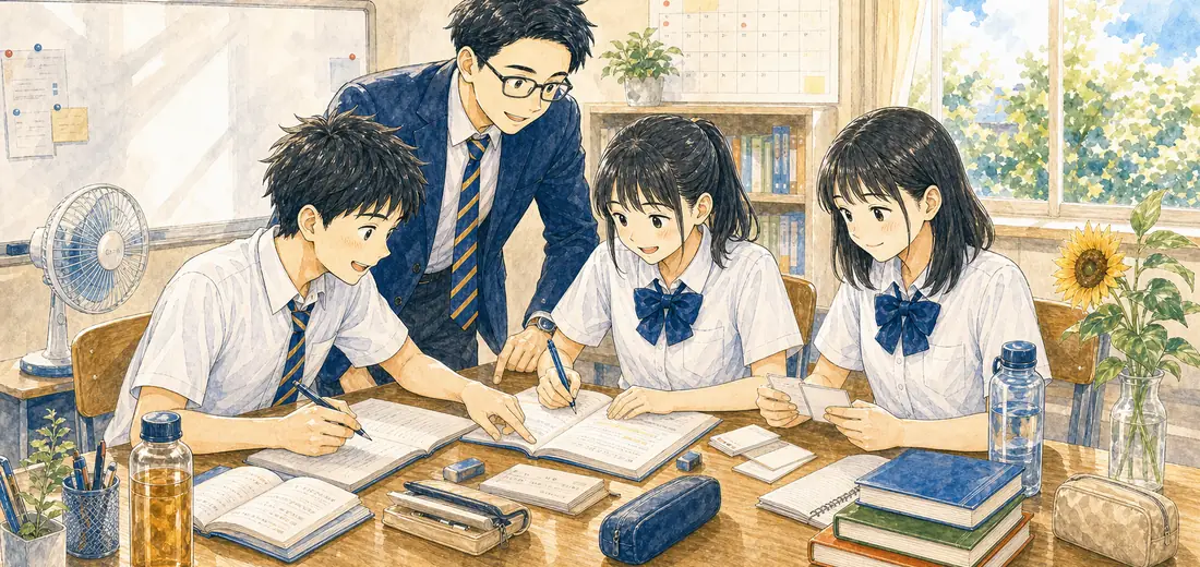 夏の教室で受験勉強に取り組む中3生