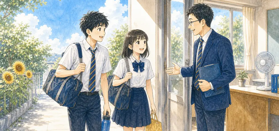 夏の朝に教室へ向かう生徒と先生